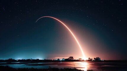 thrust. Dramatic night scene of a rocket launch, illuminated by glowing exhaust against a starry sky. STEM education sheets, lab safety posters, designed for biotech research communications.