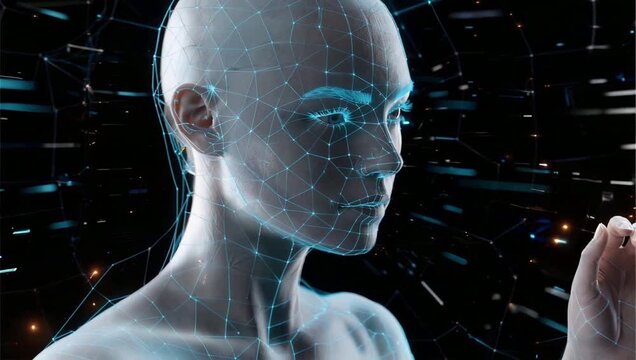 Human face with digital wireframe overlay