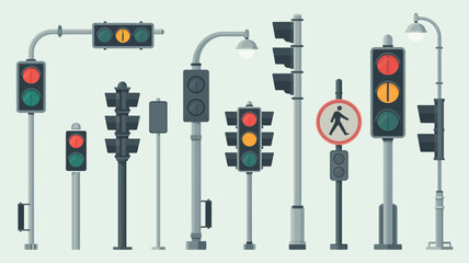 A Collection of Traffic Lights and Pedestrian Signals on Posts