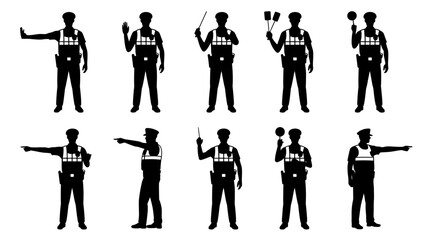 Silhouettes of Ten Police Officers in Various Traffic Control Poses