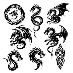 Obraz premium Collection of Black Dragon Silhouette Designs for Tattoo or Graphics.