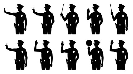 Diverse Silhouettes of Police Officers Illustrating Various Gestures and Actions