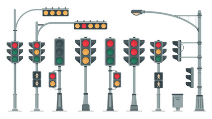 Collection of diverse traffic light signals and streetlights for urban intersection management.