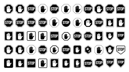 Collection of various stop hand signs in different shapes and styles.