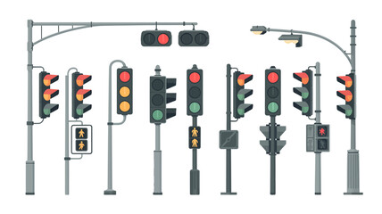 Collection of diverse traffic lights and signals in a modern urban illustration style.