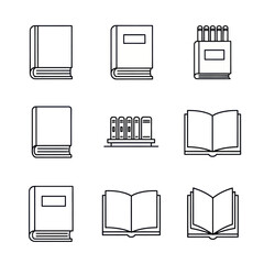 Collection of Book Icons in Outline Style for Education and Reading.