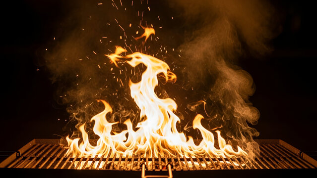 Intense blazing flames erupting from a barbeque grill amidst a dark background scenery
