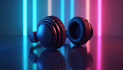 Black over ear headphones rest on glossy surface with blue and pink neon light beams in background. Modern audio equipment suggests music listening or gaming.