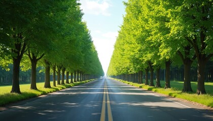 Empty asphalt road lined with green trees. Sun shines through canopy onto path. Pavement leads towards horizon under bright sky. Rural avenue stretches far ahead, offers clear way.