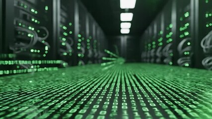 Immersive visualization of a futuristic data center with glowing green binary code flowing through server racks, showcasing abstract digital spheres representing data packets and network connections . - Powered by Adobe