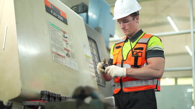Professional male engineer inspecting industrial machine component. Technician in safety gear checking quality of metal part in front of CNC machinery in modern factory manufacturing plant.
