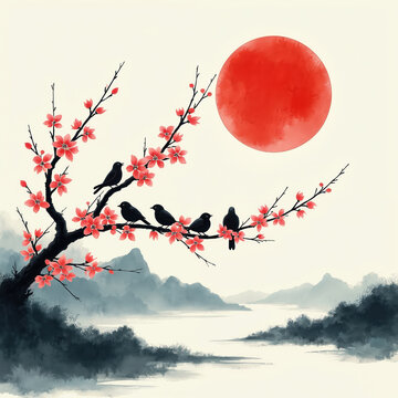 Ink wash painting of birds on a flowering cherry branch under a large red sun. Misty mountains and water form a serene landscape. This minimalist Asian art style evokes peace and natural beauty.