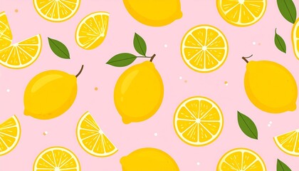 A vibrant, seamless pattern on a pink backdrop featuring bright yellow lemons, slices, and green leaves