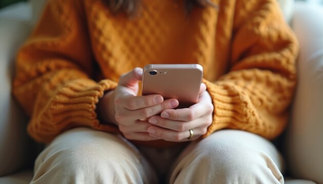 Person holds smartphone, engages with mental health app for therapy or mood tracking. Virtual support via mobile device promotes well-being and aids in self-care.