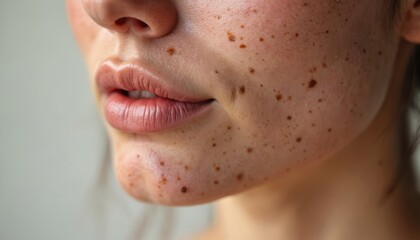 Close up of woman face with freckles and wrinkles near mouth. Showing natural skin texture with blemishes and dark spots. Healthy aging beauty concept. Skin care focus.
