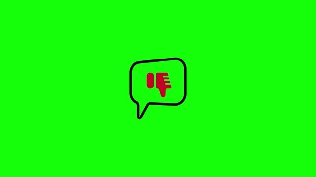 HD animated motion graphic of a comment bubble where a thumbs down enters, symbolizing low rating and negative product feedback in green screen background