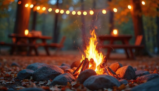 Campfire burns with embers. Rocks surround fire pit. String lights hang above picnic tables in forest. Autumn leaves cover ground. Cozy evening in park.