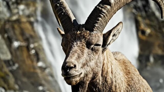 Mountain goat standing on rocky cliff near waterfall
