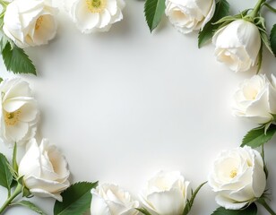 White rose flowers frame simple copy space. Delicate blossoms with green leaves arranged on clean white background. Floral border design elements for invitations and greeting cards.