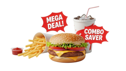 Fast food combo deal for restaurant promotion featuring popular menu items together isolated on white background