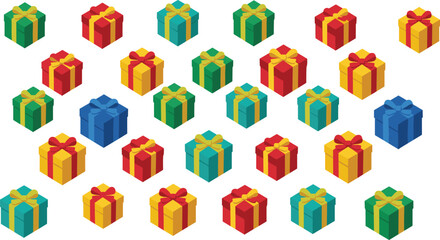 Colorful gift box grid, festive wrapping design, ribbon combinations, holiday celebration, present pattern, educational visual, cheerful packaging layout