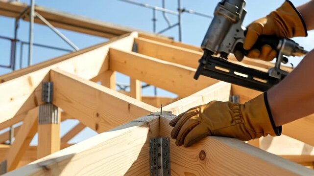 Construction worker using a nail gun to assemble wooden roof trusses on a building site
