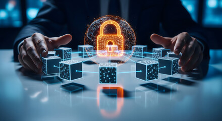 Professional hands protecting glowing digital padlock symbolizing encryption key and confidential data assurance
