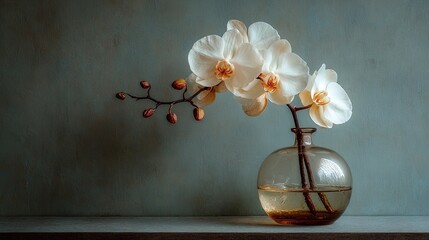 A delicate orchid stem is elegantly displayed in a clear glass vase, positioned on the left side of the image against a vast, soft gray background, embodying a serene and minimalist Asian aesthetic.