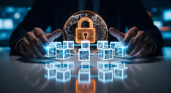 Businessman hands shielding glowing padlock inside digital globe symbolizing global cybersecurity and internet safety - Powered by Adobe