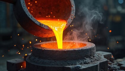Molten metal pours from crucible into mold. Sparks fly from glowing liquid. Steam rises from foundry production line. Hot metal forms new object. Industrial casting process.