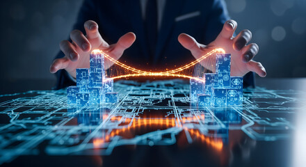 Hands presenting illuminated digital bridge structure symbolizing connecting markets and overcoming business gaps