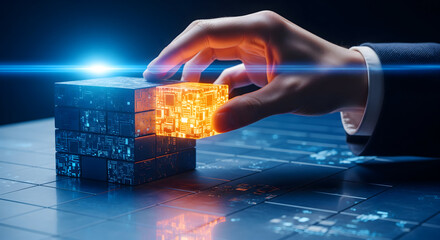 Hand inserting glowing orange data block into blue digital wall symbolizing software patch and data injection