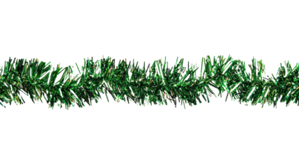 A green and white Christmas tinsel garland with a white background.