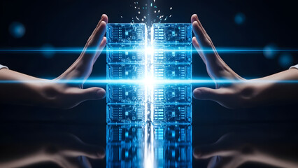Hands separating split digital server stack symbolizing data partitioning and server load balancing