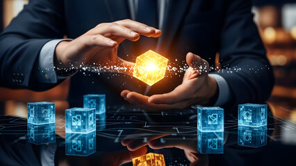 Hands presenting floating glowing cube over network grid symbolizing blockchain node and centralized control