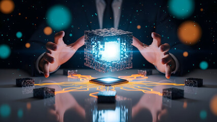Hands holding glowing cube levitating over computer chip symbolizing processor upgrade and hardware performance