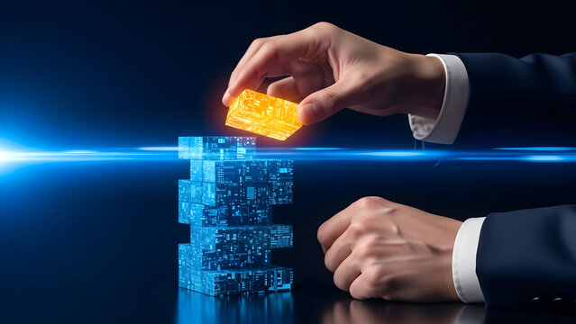 Hand placing final glowing block on top of digital tower symbolizing achieving peak performance and success