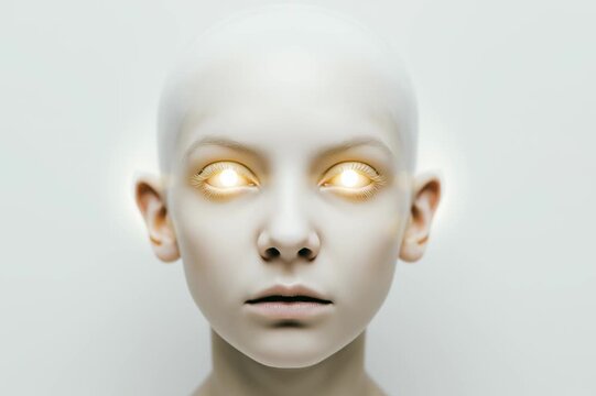Futuristic Humanoid Robot Face with Glowing Eyes on Minimal White Background
