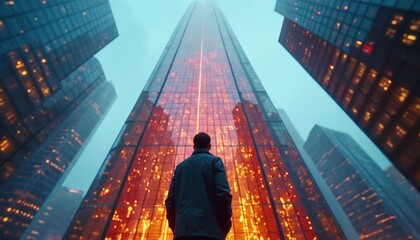 Man stands before towering glass skyscraper with illuminated interior. Cityscape at night. Digital network lights glow intensely. Future business vision.