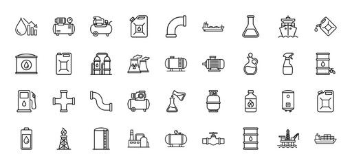 Fototapeta premium Industrial energy and petroleum line icon set featuring vector pictograms of oil rigs, pipelines, barrels, gas tanks, tankers, and refineries in a thin outline style.