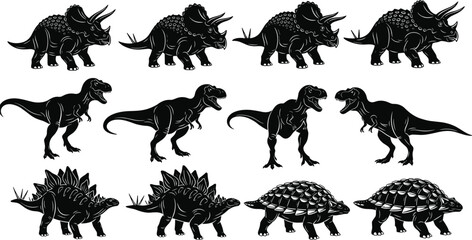 Dinosaur silhouette set, Triceratops, T-Rex, Stegosaurus, Ankylosaurus, black vector illustration, prehistoric animals, flat design, educational graphic © Asia