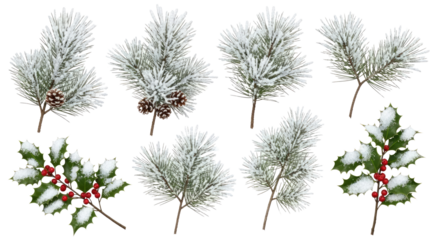 Various pine branches and pinecones with snow, set png transparent