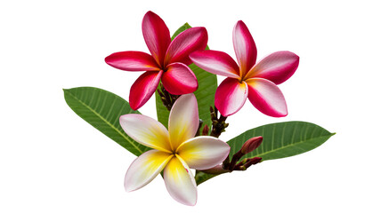 Plumeria Flowers in Vibrant Colors on Green Leaves in Soft Natural Lighting for Tropical Decor