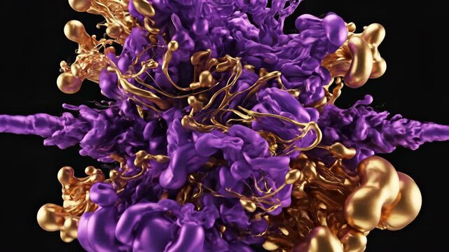 Dynamic purple and gold smoke-like fluid shapes twisting and expanding in slow motion with high gloss reflections on a clean black background fluid, cosmic, red