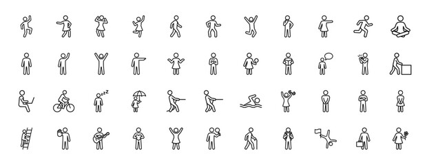 Human activity line icon set. Vector pictograms of people running, swimming, cycling, working, sleeping, and exercising, thin black outline illustration.