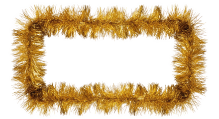 A gold tinsel garland with a rectangular frame on a png transparent