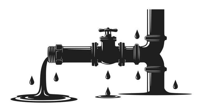 Leaking pipe with flowing water, cartoon illustration isolated on white background. Concept of economical water consumption. Transparent background SVG version.