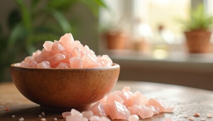Pile of pink salt crystals in wooden bowl. Coarse salt stones scattered on table surface. Natural mineral condiment for food, bath, or spa treatments.