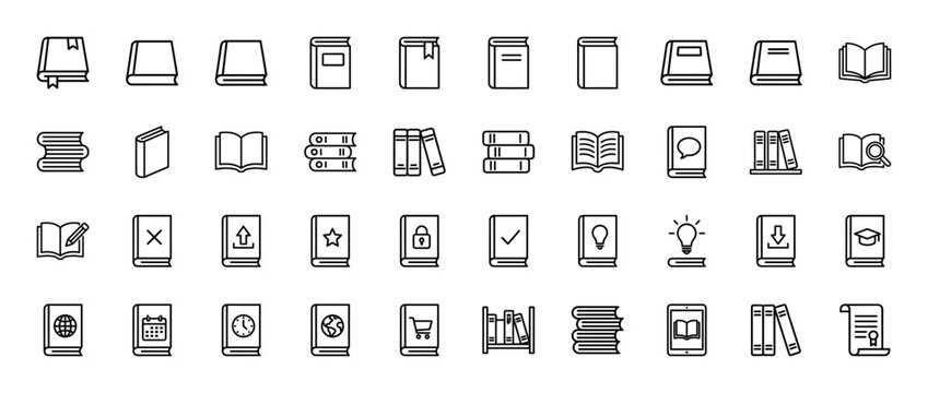 Education and library line icon set. Vector pictograms of books, textbook, shelf, e-reader, certificate, globe, and reading glasses, thin outline illustration.