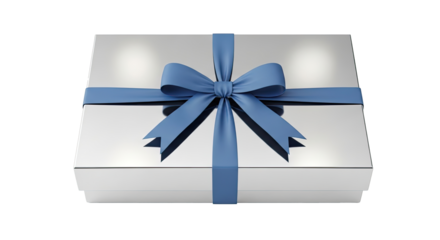 A silver gift box with a blue ribbon and bow on a png transparent